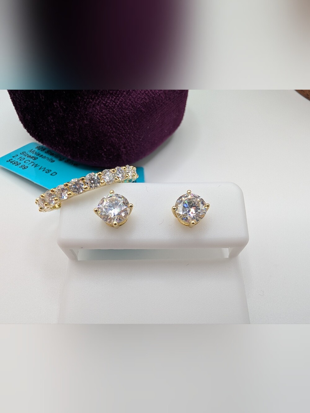 NEW 925 Silver Moissanite Set: 2.10ctw Band & 1.60ctw Studs Gold Plated 3.70ctw